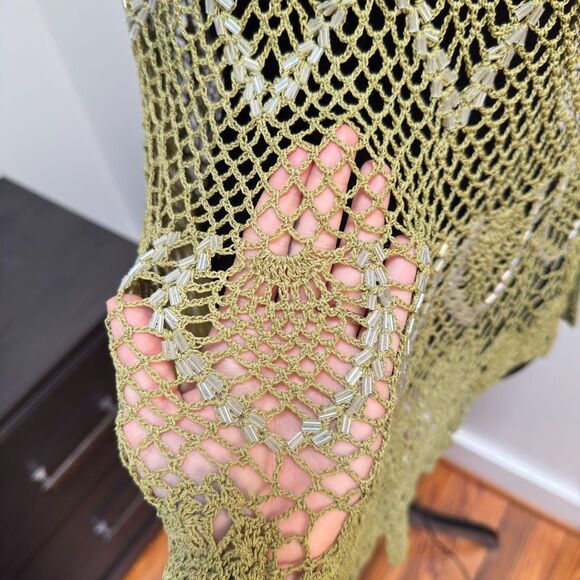 Handmade Fairy Poncho \ Green Crocheted Beaded Asymmetrical Maxi Skirt \ Sz XS - Picture 4 of 8